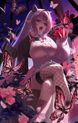 1girl asymmetrical_legwear bandaid blood blood_drip blood_from_mouth blood_on_face blood_on_hands bow breasts bug butterfly commentary_request cone_hair_bun crossed_legs dress ear_piercing fangs feet_out_of_frame fingernails fishnet_thighhighs fishnets flower frills hair_between_eyes hair_bun hair_ornament hand_up heterochromia highres holding holding_flower indie_virtual_youtuber insect large_breasts long_fingernails long_hair long_sleeves looking_at_viewer mismatched_legwear nomu_(29_nom) open_mouth piercing pink_bow pink_dress pink_eyes pink_hair pink_shoes pink_socks pointy_ears purple_eyes rose sharp_fingernails shoes shrug_(clothing) single_fishnet_legwear single_sock socks solo sprinkle_hershy sprinkles thighhighs very_long_hair virtual_youtuber