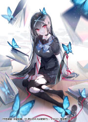 1girl artist_name black_hair book bow bowtie bug butterfly choker copyright_name cover cover_page fushi_tantei:_reidou_momiji hair_ornament highres insect long_hair miwano_rag novel_cover official_art pantyhose pleated_skirt red_eyes red_ribbon reidou_momiji ribbon sailor_collar sailor_shirt second-party_source shirt shoes sitting skirt smile solo torn_clothes torn_pantyhose unworn_shoes very_long_hair wooden_floor x_hair_ornament yokozuwari