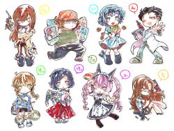 3boys 5girls akiha_rumiho amane_suzuha banana bicycle black_hair braid brown_hair brown_pantyhose cellphone chibi chibi_only crossed_arms dr_pepper facial_hair flip_phone food fruit goatee_stubble hair_ornament hairclip hat holding holding_phone japanese_clothes kiryuu_moeka kitaya long_hair maid_headdress makise_kurisu miko multiple_boys multiple_girls necktie noodles okabe_rintarou omelet omurice one_eye_closed open_mouth orange_hat otaku pantyhose paw_pose phone pudding red_necktie shiina_mayuri steins;gate stubble translation_request twin_braids twintails urushibara_ruka