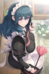 1girl absurdres alternate_costume apron ass black_dress blue_eyes blue_hair blush breasts closed_mouth dress duster female_byleth_(fire_emblem) fire_emblem fire_emblem:_three_houses gonzarez hair_between_eyes highres holding holding_duster large_breasts long_hair looking_at_viewer maid maid_apron maid_headdress medium_hair nintendo solo