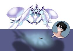 1boy 1girl absurdres aphrodite_(fate) aphrodite_(machine_god)_(fate) black_hair blue_eyes blush collarbone fate/grand_order fate_(series) fujimaru_ritsuka_(male) highres shadow short_hair spacecraft the_flying_toaster white_background