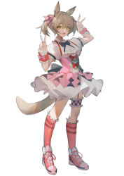1girl absurdres animal_ears blonde_hair bow bowtie breasts collared_shirt commentary double_v dress frilled_thigh_strap full_body garter_straps highres horse_ears horse_girl kneehighs looking_at_viewer mooofoo pink_dress pink_shoes pink_socks puffy_short_sleeves puffy_sleeves shirt shoes short_hair short_sleeves simple_background skirt small_breasts smart_falcon_(umamusume) sneakers socks solo standing suspender_skirt suspenders thigh_strap two_side_up umamusume v white_background white_shirt yellow_eyes