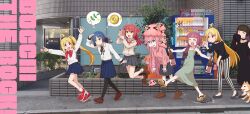 &gt;_&lt; 6+girls :d absurdres ahoge alcohol alcohol_carton angry ankle_socks arm_up black_choker black_dress black_hair black_pants black_ribbon black_sandals black_shirt black_shoes black_socks black_thighhighs blonde_hair blue_skirt blush bocchi_the_rock! bottle bow bowtie bra_strap braid breasts brown_cardigan brown_shirt buttons cardigan cellphone choker cleavage clenched_hand clenched_hands closed_eyes closed_mouth coin collarbone colored_inner_hair crying cube_hair_ornament detached_ahoge detached_sleeves dog dot_nose dress drunk eyes_visible_through_hair feet frown full_body geta gotoh_hitori gotoh_hitori_(octopus) grass green_dress hair_between_eyes hair_ornament hair_over_shoulder hair_ribbon hairclip hand_on_own_head hands_up highres hime_cut hiroi_kikuri holding holding_bottle holding_phone holed_coin ijichi_nijika ijichi_seika jacket jewelry jumping kita_ikuyo kneehighs loafers logo long_hair long_sleeves looking_at_another looking_back medium_breasts mole mole_under_eye multicolored_hair multiple_girls neck_ribbon one_eye_covered open_mouth pa-san pants phone pink_jacket pleated_skirt pointing polka_dot polka_dot_bow polka_dot_bowtie ponytail_with_braided_base purple_hair real_life_insert real_world_location red_bow red_eyes red_hair red_shoes ribbon sailor_collar sake sake_bottle sandals school_uniform serafuku sharp_teeth shiba_inu shimokitazawa_high_school_uniform shirt shirt_tucked_in shirt_under_shirt shoes short_hair side_ahoge side_braid side_ponytail single_braid skirt sleeveless sleeves_past_fingers sleeves_past_wrists small_breasts smartphone smile socks spaghetti_strap speech_bubble squeans straight_hair striped_clothes striped_pants tamakon_(twit_kon) teeth thighhighs thinking thought_bubble three-quarter_sleeves track_jacket two-tone_hair upper_teeth_only vending_machine vertical-striped_clothes vertical-striped_pants very_long_hair walking white_shirt white_socks yamada_ryo zipper