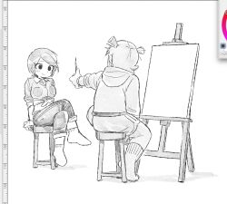 2girls bac0n_pancakes canvas_(object) color_wheel crossed_legs easel eyelashes full_body highres holding holding_brush hood hoodie looking_at_another midriff monochrome multiple_girls pants ramona_flowers roxie_richter scott_pilgrim_(series) shirt short_hair short_twintails sitting socks twintails