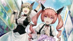 2girls akiha_rumiho akihabara_(tokyo) alternate_costume amane_suzuha animal_ears apron belt_around_waist belt_buckle black_skirt blue_sky blurry blurry_background blush braid breasts brown_hair buckle buttons cat_ears cloud cloudy_sky collar day dress drill_hair enmaided fake_animal_ears frilled_collar frilled_dress frilled_hairband frilled_skirt frills from_below game_cg hair_between_eyes hair_tie hairband hand_on_own_chest happy highres holding_flyer huke incoming_flyer incoming_gift long_hair long_skirt looking_afar looking_at_viewer maid maid_apron maid_headdress mayqueen_maid_uniform mayqueen_nyan_nyan medium_breasts multiple_girls non-web_source official_art open_mouth outdoors outstretched_arm pink_eyes pink_hair pink_lips puffy_short_sleeves puffy_sleeves reaching reaching_towards_viewer red_ribbon ribbon ribbon-trimmed_collar ribbon-trimmed_corset ribbon-trimmed_hairband ribbon-trimmed_sleeves ribbon_trim ringed_eyes shiny_lips short_sleeves skirt sky square_pupils standing steins;gate steins;gate:_my_darling&#039;s_embrace teeth tongue tsurime twin_braids twin_drills twintails upper_teeth_only white_apron white_dress working wrist_cuffs yellow_eyes
