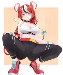 Rule 34 | 1girl, absurdres, animal ear fluff, animal ears, black pants, black streaks, blue bow, blue eyes, bow, breasts, cleavage, closed mouth, collar, commentary, english commentary, hakos baelz, highres, hololive, hololive english, large breasts, long braid, mouse ears, mouse girl, mouse tail, navel, one eye closed, pants, red hair, red nails, red shoes, scrunchie, shoes, smile, solo, soup (soupysoull), spiked collar, spikes, sports bra, spread legs, squatting, tail, tail bow, tail ornament, virtual youtuber, white hair, white sports bra, wrist scrunchie, yoga pants
