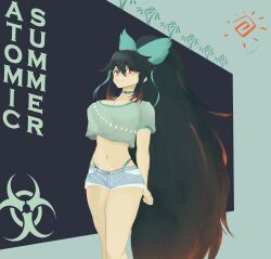 1girl absurdres adapted_costume biohazard_symbol black_hair bow breasts choker cleavage closed_mouth commentary denim denim_shorts english_commentary english_text feet_out_of_frame green_bow green_choker green_tank_top hair_bow highres large_breasts long_hair looking_at_viewer midriff multicolored_hair navel red_eyes reiuji_utsuho short_shorts shorts smile solo streaked_hair tank_top touhou triangle_print very_long_hair wackapuff