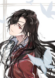 Rule 34 | 1boy, bishounen, black hair, bug, butterfly, chinese clothes, eyepatch, hanfu, highres, hori airi, hua cheng, insect, long hair, looking at viewer, male focus, one eye covered, parted lips, red eyes, red hanfu, sketch, smile, solo, tianguan cifu, upper body, white background, white butterfly