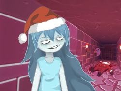 1boy 1girl absurdres beard blood blue_hair death door facial_hair hat highres long_hair official_art santa_claus santa_hat sidelocks smirk spooky&#039;s_house_of_jump_scares spooky_(shojs) stylishkira torch x_x