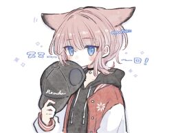 1girl animal_ears arknights blue_eyes character_name fox_ears fox_girl hat holding hood jacket m_(m073111) official_alternate_costume open_clothes open_jacket pink_hair solo sussurro_(arknights) sussurro_(travel_freely)_(arknights) upper_body white_background