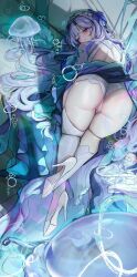 1girl absurdres ass back blue_flower blush bubble cantarella_(wuthering_waves) chinese_commentary closed_mouth clothes_lift commentary_request dress dress_lift flower from_behind full_body hair_flower hair_ornament hair_spread_out high_heels highres jellyfish long_dress long_hair looking_at_viewer looking_back lrrer panties partially_visible_vulva purple_eyes purple_hair shoes shoulder_blades shrug_(clothing) single_thighhigh sketch smile solo thighhighs thighs top-down_bottom-up underwear very_long_hair white_dress white_panties white_shoes white_shrug white_thighhighs wuthering_waves