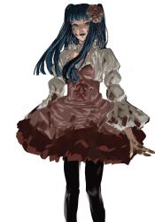 1girl ashashio black_pantyhose blood blood_on_clothes blood_on_face blue_eyes blue_hair dress furudo_erika gothic_lolita highres lolita_fashion long_hair looking_at_viewer pantyhose pink_dress shirt sketch solo umineko_no_naku_koro_ni white_background white_shirt