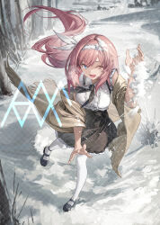 1girl ;o alternate_costume black_shoes black_skirt blue_eyes breasts brown_coat chinese_commentary coat commentary_request dress elf elysia_(honkai_impact) hair_ornament hairband highres honkai_(series) honkai_impact_3rd large_breasts long_hair mary_janes merchandise_available one_eye_closed outdoors pantyhose pink_hair pointy_ears purple_pupils rff_(3_percent) shirt shoes skirt smile snowing solo very_long_hair white_hairband white_pantyhose white_shirt