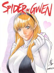Rule 34 | 1girl, black hairband, blonde hair, finger heart, hairband, heart, homare (fool&#039;s art), marvel, solo, spider-gwen, upper body, white background
