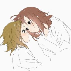 2girls :o blush brown_hair forehead-to-forehead heads_together hirasawa_yui k-on! looking_at_another messy_hair multiple_girls open_mouth shaofangziran shirt short_hair simple_background t-shirt tainaka_ritsu white_background yuri