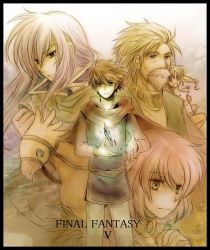 1990s_(style) 2boys 3girls boco bartz_klauser chocobo copyright_name crystal faris_scherwiz final_fantasy final_fantasy_v galuf_halm_baldesion krile_mayer_baldesion_(ff5) lenna_charlotte_tycoon multiple_boys multiple_girls sorakara