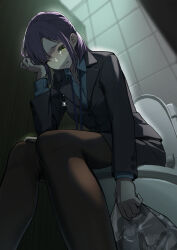 1girl absurdres black_jacket black_pantyhose black_skirt blue_shirt c-eye cellphone collared_shirt commentary crying formal_clothes from_below highres holding holding_paper jacket office_lady one_eye_closed original pantyhose paper phone purple_hair shirt sidelocks sitting skirt skirt_suit smartphone solo suit symbol-only_commentary toilet yellow_eyes
