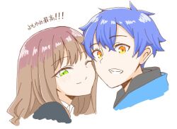 1boy 1girl asanaka_yomogi blue_hair blush brown_hair closed_mouth couple green_eyes gridman_universe hair_ornament hairclip hetero hood jacket long_hair looking_at_viewer minami_yume one_eye_closed open_mouth school_uniform shirt short_hair smile ssss.dynazenon wataametokerune yellow_eyes zooming_in