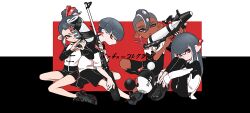 2boys 2girls black_leggings black_shirt black_shoes black_shorts black_sleeves commentary_request dark-skinned_male dark_skin full_body grey_hair hair_between_eyes holding holding_weapon imaikuy0 inkling inkling_boy inkling_girl inkling_player_character jacket leggings long_hair luna_blaster_(splatoon) multiple_boys multiple_girls nintendo octoling octoling_boy octoling_girl octoling_player_character one_eye_closed pointy_ears ponytail red_eyes shirt shoes short_hair short_ponytail shorts sneakers splat_charger_(splatoon) splatoon_(series) splatoon_2 splattershot_(splatoon) splattershot_pro_(splatoon) tentacle_hair toni_kensa_(splatoon) two-tone_shirt weapon white_jacket white_shirt