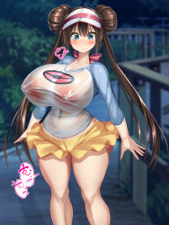 1girl absurdres bare_legs blue_eyes blush breasts brown_hair cameltoe covered_erect_nipples creatures_(company) curvy double_bun game_freak hair_bun highres huge_breasts kawahagitei long_hair looking_at_viewer looking_down microskirt nintendo nipples no_bra no_legwear outdoors pokemon pokemon_bw2 public_indecency raglan_sleeves rosa_(pokemon) see-through_clothes skirt solo standing thick_thighs thighs very_long_hair visor_cap wide_hips yellow_skirt