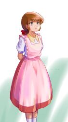 1boy apron arms_behind_back bow brown_eyes brown_hair closed_mouth collared_shirt commentary crossdressing feet_out_of_frame frilled_apron frills hair_bow kneehighs looking_up low_ponytail male_focus miz_mus pink_apron ponytail red_bow red_skirt shiowatari_nagisa shirt short_sleeves skirt smile socks solo standing trap urusei_yatsura white_shirt white_socks