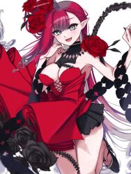 1girl baobhan_sith_(fate) baobhan_sith_(fgo_fes._2025)_(fate) breasts detached_collar dress fangs fate/grand_order fate_(series) grey_eyes hand_up highres kawairuka_ko long_hair looking_at_viewer open_mouth pink_hair pointy_ears red_dress smile solo