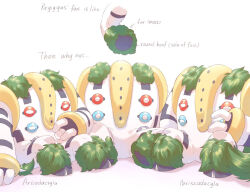 creatures_(company) english_text game_freak gen_4_pokemon grass legendary_pokemon multiple_views nintendo no_humans pokemon pokemon_(creature) ranabysson regigigas simple_background sitting white_background