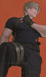 Rule 34 | 1boy, belt, belt buckle, black belt, black gloves, black pants, black shirt, blonde hair, blue eyes, brown belt, buckle, feet out of frame, fingerless gloves, gloves, holster, knee up, leon s. kennedy, looking ahead, male focus, pants, parted lips, resident evil, resident evil 4, sardine (kjr0313), shirt, short sleeves, shoulder holster, snap-fit buckle, solo, teeth, thigh belt, thigh strap, veins, veiny arms, watch, wristwatch