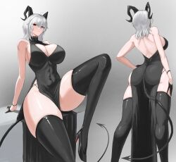 1girl absurdres ahoge alternate_breast_size alternate_costume ass backless_dress backless_outfit bare_shoulders black_dress black_gloves black_horns black_shoes black_tail black_thighhighs breasts cleavage_cutout closed_mouth clothing_cutout commentary covered_navel demon_tail dress earrings from_behind gloves grey_hair hair_between_eyes hand_on_own_hip high_heels highres horns huge_breasts jewelry key_earrings long_hair looking_at_viewer median_furrow multiple_views pelvic_curtain red_eyes shoes shoulder_blades tail thighhighs thighs vanillanight wuthering_waves zani_(wuthering_waves)