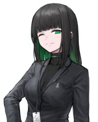 1girl absurdres allmind_(armored_core_vi) armored_core armored_core_vi:_fires_of_rubicon black_hair black_jacket black_shirt black_suit breasts cleavage colored_inner_hair earpiece erorange formal_clothes green_eyes green_hair highres jacket lanyard long_hair looking_at_viewer medium_breasts multicolored_hair one_eye_closed personification shirt solo suit white_background