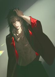 Rule 34 | 1boy, abs, arm up, bare pectorals, bishounen, black hair, black pants, chinese clothes, chinese commentary, cike988905, coat, cowboy shot, crack of light, dao gui yi xian, eyelashes, grey background, groin, hair between eyes, hair down, hand in own hair, hand on own head, hanfu, highres, li huowang, long hair, long sleeves, looking at viewer, male focus, messy hair, navel, open clothes, open coat, open mouth, pants, partially undressed, pectorals, red coat, red eyes, robe, scar, scar on face, shade, smile, solo, sunlight, toned, toned male, wide sleeves