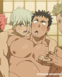 4boys arm_around_neck bara burankoprn character_request completely_nude facial_hair goatee_stubble hibino_kafka highres ichikawa_reno iharu_furuhashi kaijuu_no._8 large_pectorals male_focus multiple_boys muscular muscular_male nipples nude open_mouth paid_reward_available pectorals sideburns_stubble solo_focus stubble thick_eyebrows upper_body yaoi