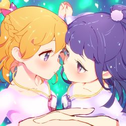 Rule 34 | 2girls, aida takanobu, asahina mirai, bad id, bad pixiv id, blonde hair, blush, eye contact, holding hands, izayoi liko, jewelry, long hair, looking at another, mahou girls precure!, multiple girls, pendant, pink eyes, precure, purple eyes, purple hair, riko (mahou girls precure!), short hair, yuri