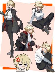 1girl absurdres adjusting_clothes adjusting_gloves anger_vein black_gloves black_jacket black_pants black_shoes blonde_hair braid breasts diagonal-striped_clothes diagonal-striped_necktie dress_shirt evelyn_chevalier gloves hair_intakes highres hugging_own_legs jacket jacket_on_shoulders large_breasts long_sleeves looking_at_viewer multiple_tails necktie open_clothes open_jacket open_mouth pants parted_lips purple_eyes shirt shirt_tucked_in shoes striped_clothes striped_necktie sweater tail turtleneck turtleneck_sweater white_shirt white_sweater wing_collar zenless_zone_zero zhileng_zhil