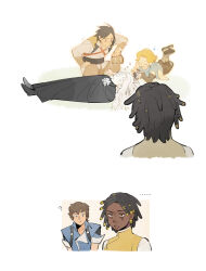 ... 2boys 3girls ? absurdres alucard_(castlevania) annette_(castlevania) black_cape black_hair blue_eyes braiding_another&#039;s_hair brown_eyes brown_hair cape castlevania:_nocturne castlevania_(series) closed_eyes closed_mouth commentary dark-skinned_female dark_skin dreadlocks highres j-em-g long_hair multiple_boys multiple_girls musical_note open_mouth orange_hair richter_belmont short_hair sleeping spirit spoken_musical_note staring stifled_laugh stunned_silence symbol-only_commentary sypha_belnades trevor_c._belmont vampire white_background white_hair