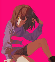 Rule 34 | 1other, absurdres, brown hair, brown shoes, brown shorts, choco rabbitt, double horizontal stripe, frisk (undertale), from side, gold, grabbing own hair, highres, long sleeves, looking back, looking to the side, shirt, shoes, short hair, shorts, simple background, sweater, undertale, unusually open eyes, yellow eyes
