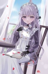 1girl apron black_gloves black_ribbon book braid chair cup curtains danganronpa:_trigger_happy_havoc danganronpa_(series) day gloves grey_hair hair_ribbon hanahusa hand_up highres holding holding_cup kirigiri_kyoko long_hair long_sleeves maid maid_headdress open_book outdoors pink_eyes ribbon sitting smile solo teeth white_apron