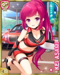 1girl asami_kei bare_arms black_shorts black_sports_bra black_vest breasts card_(medium) character_name cleavage day english_text girlfriend_(kari) official_art open_mouth outdoors pink_eyes pink_hair ponytail qp:flapper race_car race_queen race_track shorts smile solo sparkle sports_bra standing standing_on_one_leg tagme vest volume_symbol