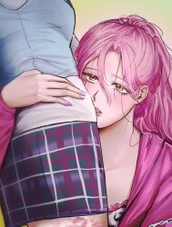 Rule 34 | 2girls, alien stage, arm around waist, blue nails, blue vest, commentary, english commentary, frieddog, highres, jacket, lipstick mark, lipstick mark on leg, long hair, mizi (alien stage), multiple girls, official alternate costume, parted lips, pencil skirt, pink hair, pink jacket, pink nails, plaid clothes, plaid skirt, shirt, skirt, sua (alien stage), vest, white shirt, yellow eyes, yuri
