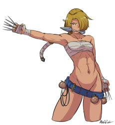 1girl abs akairiot bad_tag belt blonde_hair braid brown_eyes elf female female_focus fingerless_gloves gloves kunai mouth_hold navel needles nintendo no_panties pointy_ears sheik solo standing the_legend_of_zelda the_legend_of_zelda:_ocarina_of_time tomboy weapon wraps