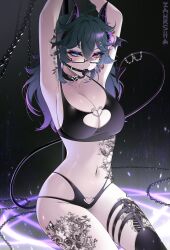 1girl ahoge arm_tattoo armpits arms_up artist_name aruna_reaver ball_gag black_choker black_horns black_thighhighs blue_eyes breasts chain choker cleavage collarbone demon_girl demon_horns demon_tail gag glasses green_hair hair_ornament hairpin heart heart_choker heart_o-ring heterochromia highres horns indie_virtual_youtuber leg_tattoo long_hair navel o-ring pink_eyes rectangular_eyewear second-party_source single_thighhigh solo stomach stomach_tattoo tail tail_ornament tattoo thighhighs virtual_youtuber zamrsha