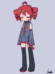1girl ahoge black_shirt black_shoes black_sleeves black_thighhighs blush closed_eyes closed_mouth collared_shirt detached_sleeves double-parted_bangs drill_hair full_body grey_background hair_between_eyes kasane_teto kasane_teto_(utau) long_sleeves pleated_skirt red_hair red_trim shirt shoes signature skirt skirt_set solo thighhighs twin_drills utau yuusuke-kun zettai_ryouiki