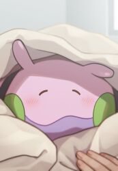 1other ^_^ absurdres antennae bed blurry blush closed_eyes closed_mouth facing_viewer gen_6_pokemon goomy highres long_hair nintendo numera_goomy pokemon pokemon_(creature) solo_focus under_covers
