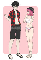 1boy 1girl absurdres arato_hisako bare_shoulders bikini black_hat black_male_swimwear black_shirt collarbone collared_shirt eye_contact floral_print full_body grin hands_up hat highres looking_at_another male_swimwear nakiri_asahi navel open_clothes open_shirt profile red_shirt sandals shirt shokugeki_no_souma smile standing stomach sweatdrop swimsuit teeth toy-black white_background white_bikini