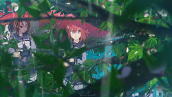 2girls bag blue_eyes blue_shirt blue_skirt blurry blurry_foreground bow bowtie brown_eyes brown_hair dated flower hair_flower hair_ornament holding holding_umbrella long_sleeves looking_at_another looking_up multicolored_hair multiple_girls open_mouth rain sailor_collar sakura_chiyono_o_(umamusume) school_bag school_uniform shirt short_hair skirt standing streaked_hair takuzui tracen_school_uniform tree twitter_username umamusume umbrella yaeno_muteki_(umamusume)