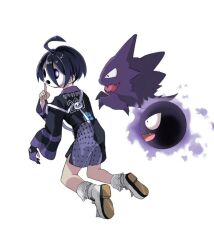 1boy ahoge allister_(pokemon) black_hair black_shirt bright_pupils commentary_request gastly gen_1_pokemon gloves hand_up haunter index_finger_raised long_sleeves male_focus mask nintendo o_o307 partially_fingerless_gloves pokemon pokemon_(creature) pokemon_swsh purple_eyes shirt shoes short_hair shorts side_slit side_slit_shorts simple_background single_glove socks suspenders white_background white_pupils