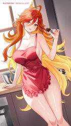 1girl ahoge apron blonde_hair blush breasts candy chocolate chocolate_heart food genshin_impact gradient_hair heart heart-shaped_food highres holding holding_chocolate holding_food indoors large_breasts long_hair looking_at_viewer mavuika_(genshin_impact) mixing_bowl multicolored_hair naked_apron orange_hair parted_lips red_apron red_eyes red_hair sebu_illust solo streaked_hair valentine very_long_hair window