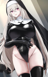 Rule 34 | 1girl, black leotard, black thighhighs, blue archive, blush, bodysuit, breasts, crossed bangs, deep skin, gloved sleeves, grey hair, habit, halo, highleg, highleg leotard, highres, ibara azuki, justina follower (blue archive), large breasts, latex, latex bodysuit, latex leotard, latex thighhighs, leotard, long hair, long sleeves, looking at viewer, looking to the side, nun, purple eyes, sakurako (blue archive), smile, solo, thick thighs, thighhighs, thighs