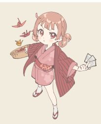 1girl absurdres basket blush_stickers brown_hair card center-flap_bangs child floating floating_object floral_print floral_print_kimono floral_print_sash grey_background hair_rings haori highres holding holding_basket holding_card jacket japanese_clothes karuta_(card_game) kimono long_sleeves looking_at_viewer namori obi origami original paper_crane pink_kimono print_kimono puckered_lips red_eyes red_haori red_sash sandals sash short_kimono simple_background solo striped_clothes striped_jacket tabi v-shaped_eyebrows wide_sleeves zouri