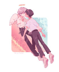Rule 34 | 2boys, absurdres, akirapantsu, angel, artist name, belt, black pants, brown hair, closed mouth, collared shirt, floating, grey hair, hair between eyes, halo, highres, ikari shinji, incoming kiss, lcl, male focus, multiple boys, nagisa kaworu, neon genesis evangelion, orange undershirt, pants, pool, school uniform, shirt, shoes, short hair, smile, sneakers, tokyo-3 middle school uniform, white shirt, yaoi